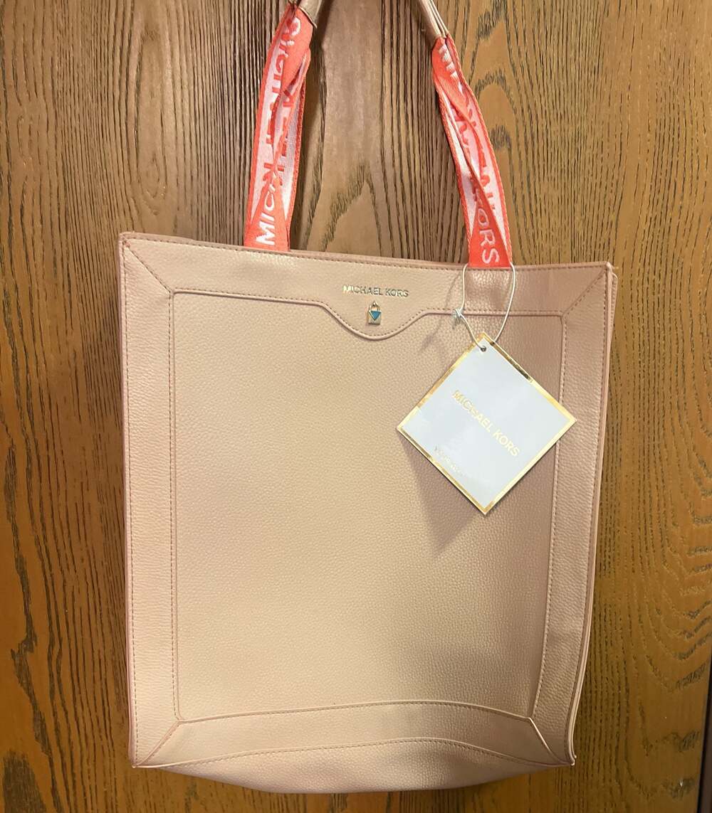 Michael Kors Blush Pink Leather Tote Bag with Logo Coral Webbing Handles